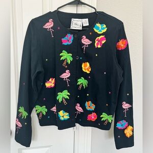 Michael Simon Lite sz S Embroidered Black Cotton Cardigan Palm Flamingo Hibiscus